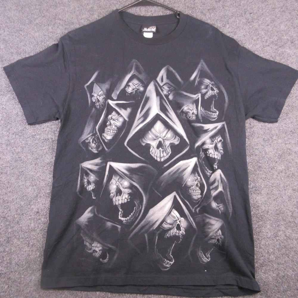 Y2K Hybrid Tees Shirt Mens Large Black Hooded Skulls Graphic T Shirt Tee Gothic